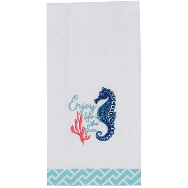 11Coastal Tie Towel 15" x 17"  100% Cotton SEA HORSE  Dark Blue